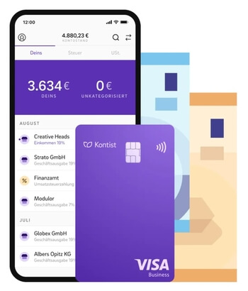 Das Bild zeigt die App von Kontist im Einsatz sowie die Kreditkarte von Visa in lila