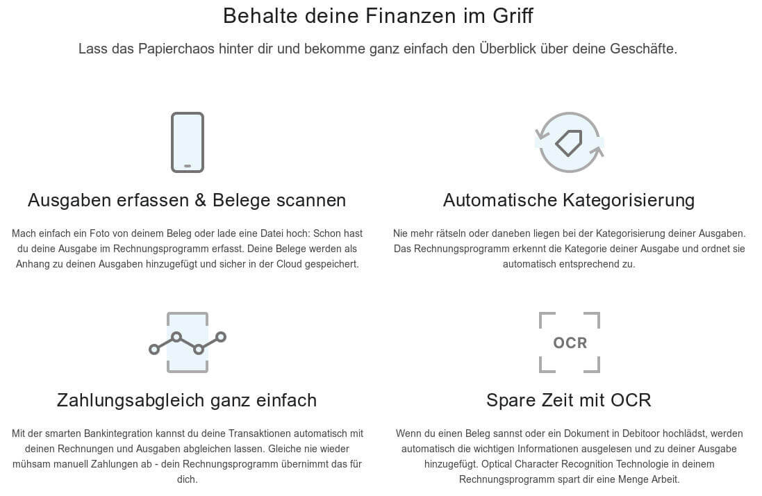 Screenshot der Übersicht der Funktionen bei Debitoor