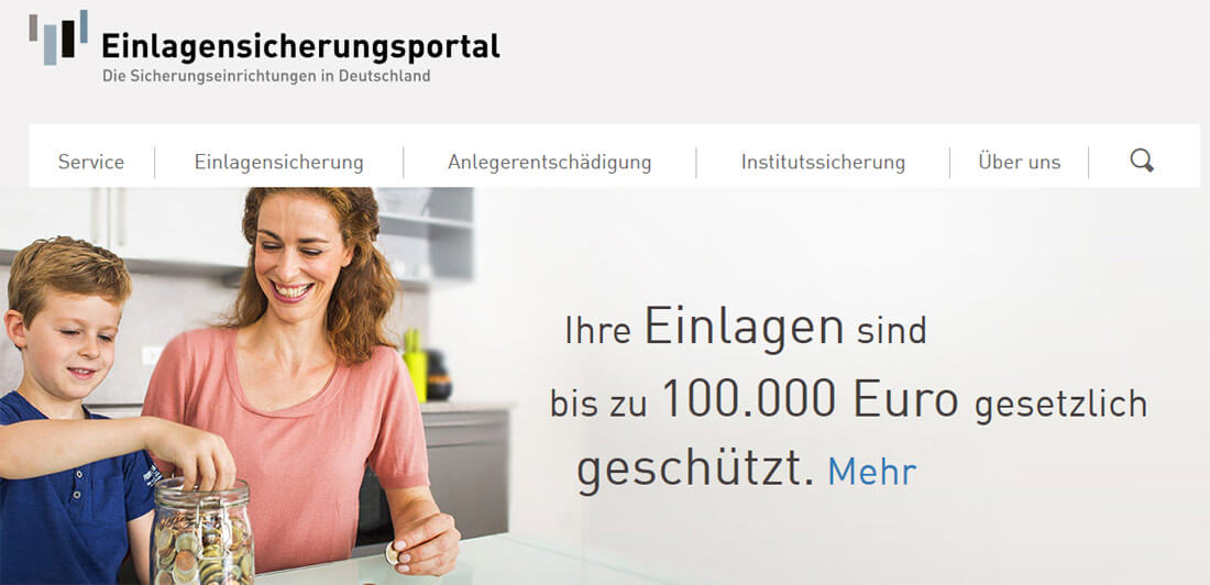 Durch die Einlagensicherung sind bis zu 100.000 Euro geschützt. Bild: creenshot Webseite Einlagensicherung