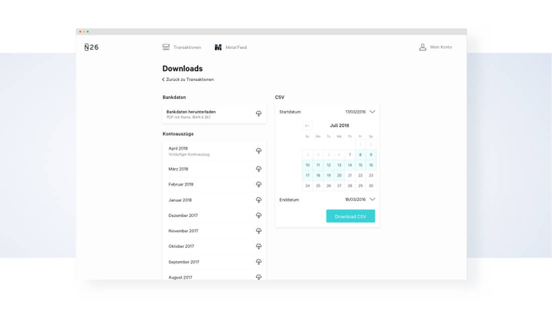 Die Webversion des N 26 Business Geschäftskontossaktionen als PDF oder CSV-Datei herunterladen