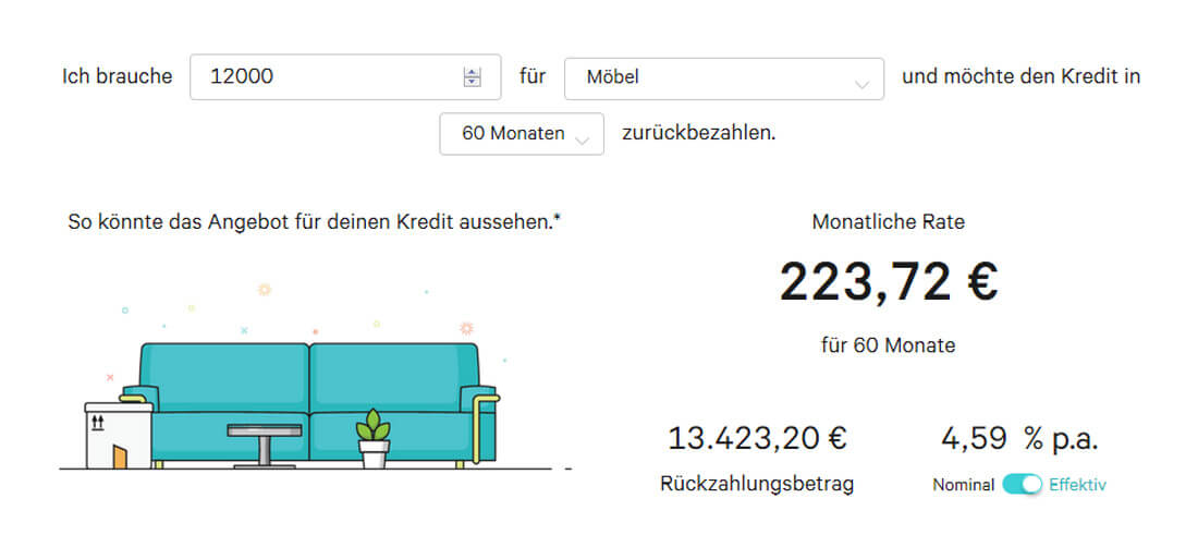 Ein Schieberegler zeigt, wie hoch die monatlichen Raten für einen Kredit bei N26 sind.