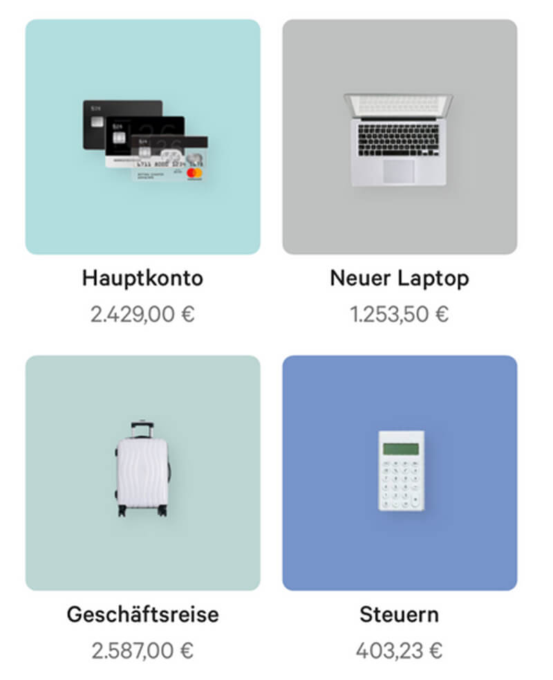 Ein Screen zeigt das Hauptkonto sowie drei Unterkonten im Dashboard von N26
