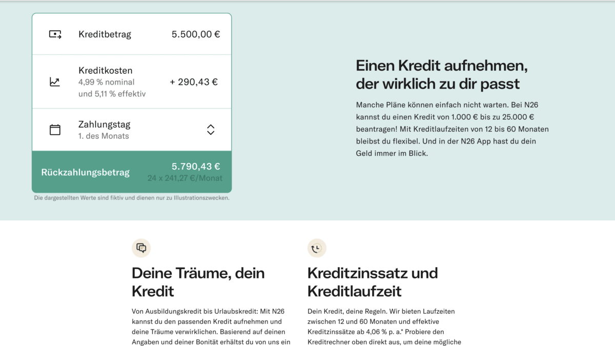 n26 kredit - Bildschirmansicht Kreditberechnung