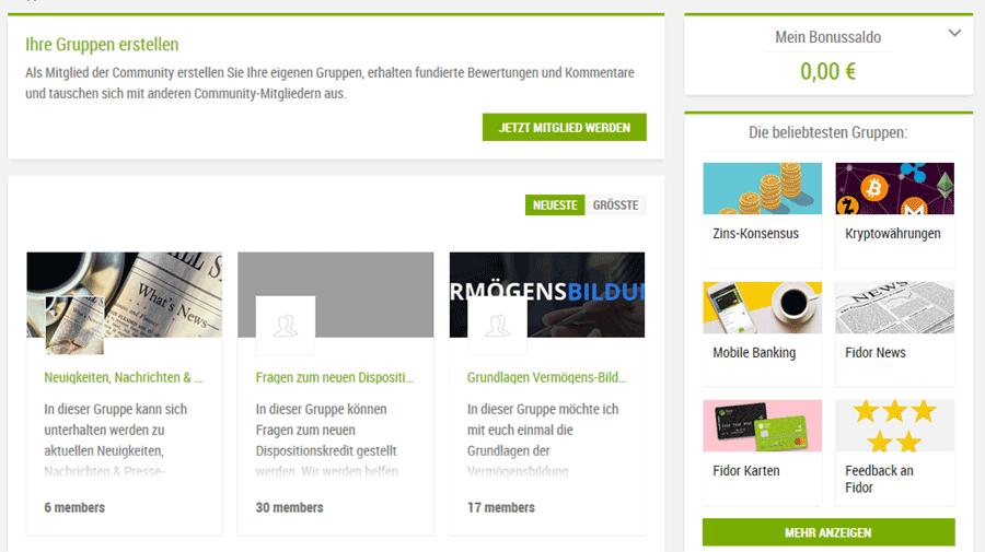Blick in die Community-Seite von Fidor: aktuelle Themen und Fragen/ Antworten rund um das Smartphone-Konto sowie Bonuspunktestand