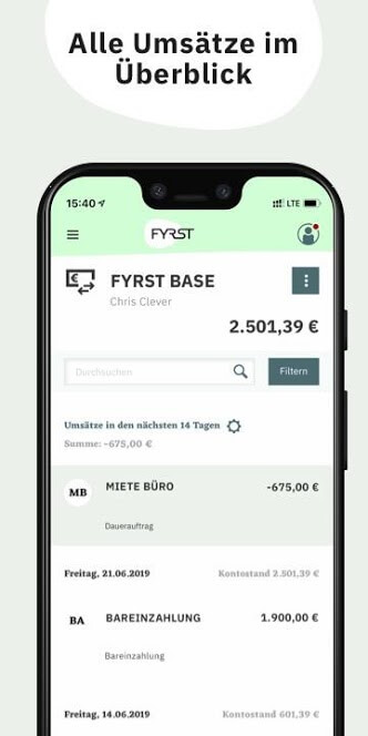 Screenshot der App der Smartphone-Bank FYRST bei der Umsatzanzeige