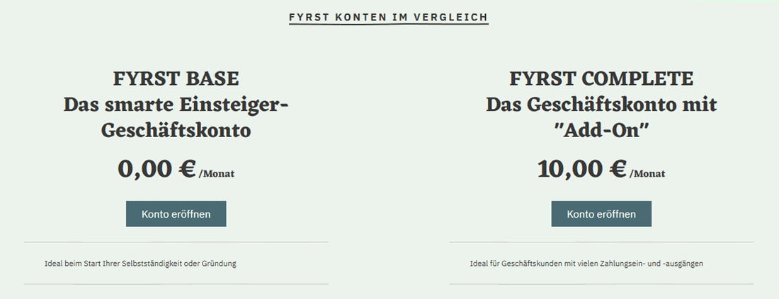 Screenshot der Webseite FYRST beim Vergleich der zwei angebotenen Kontenmodelle