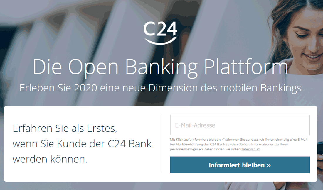 Startseite der C24 Bank mit Formular zur Vormerkung als Kunde zum Start der mobilen Bank im Oktober 2020