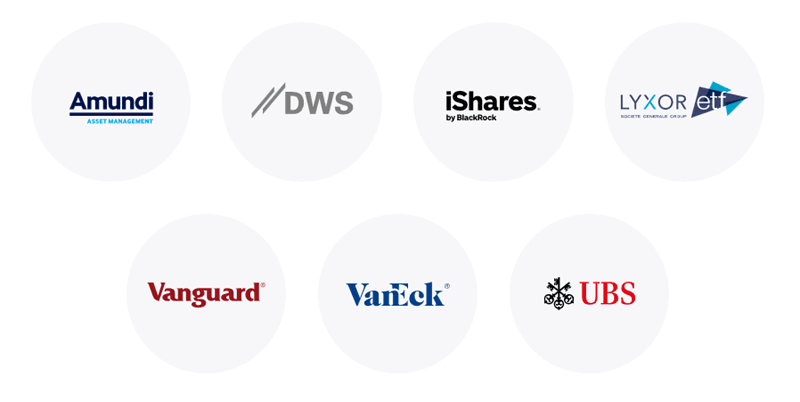 Logos der sieben ETF-Partner vom Online-Broker justTRADE 