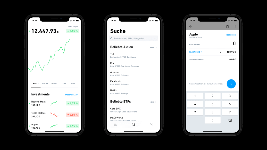 Drei Screens eines Smartphones zeigen Aktien- und ETF-Handel bei Trade Republik