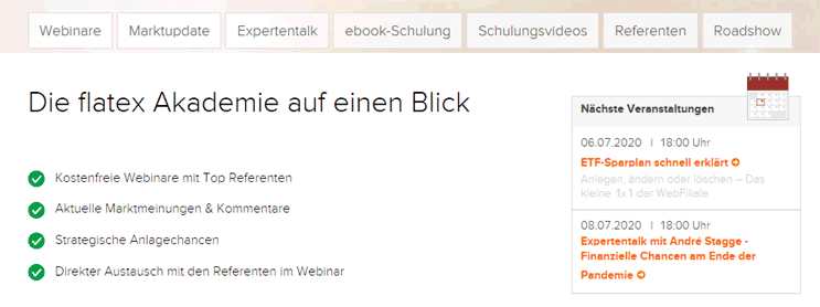 Webinare, Expertentalks und Schulungen zu Wertpapierhandel des Online-Brokers flatex auf dessen Webseite