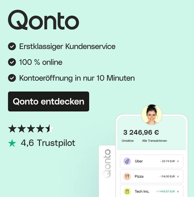 Vorteile von qonto werden aufgelistet: erstklassiger kundenservice, 100% online, Kontoeröffnung in nur 10 Minuten