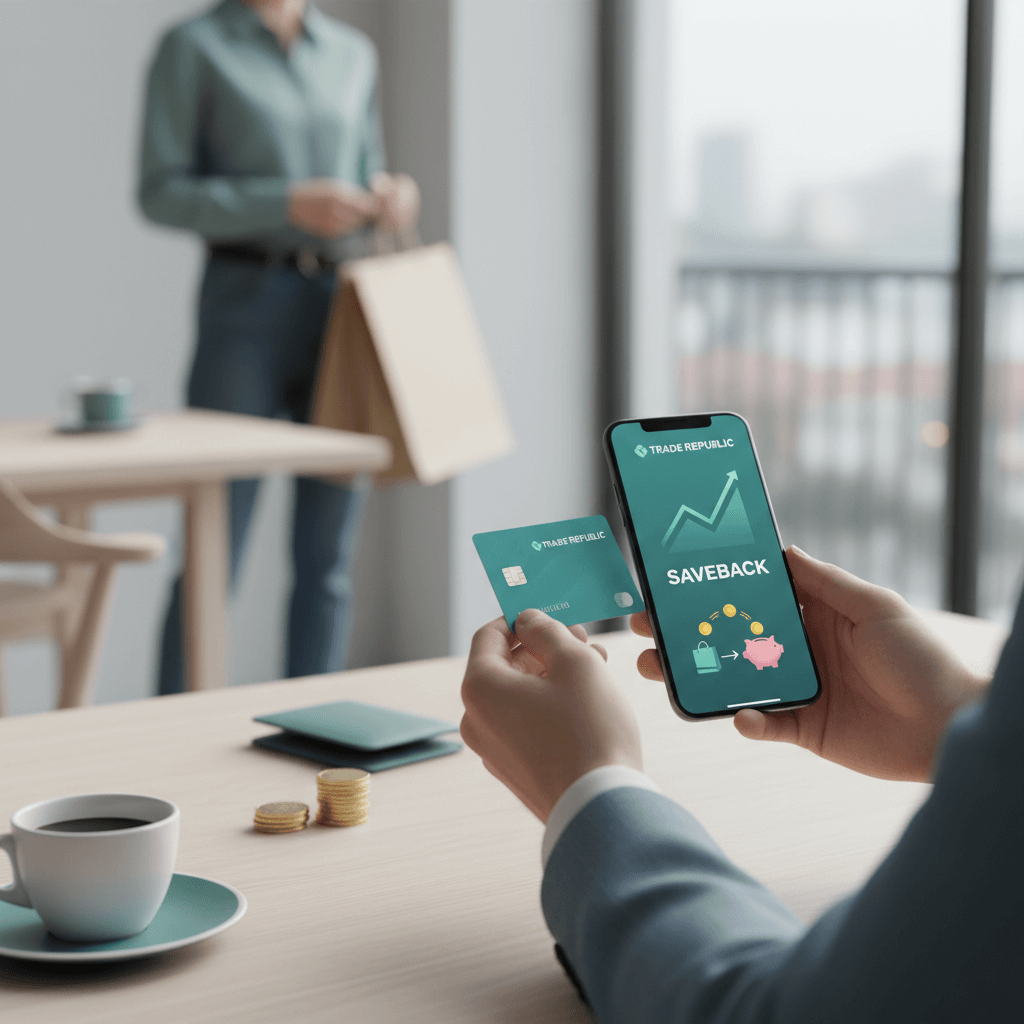 Person hält Trade Republic Visa-Karte und Smartphone mit Saveback-Funktion