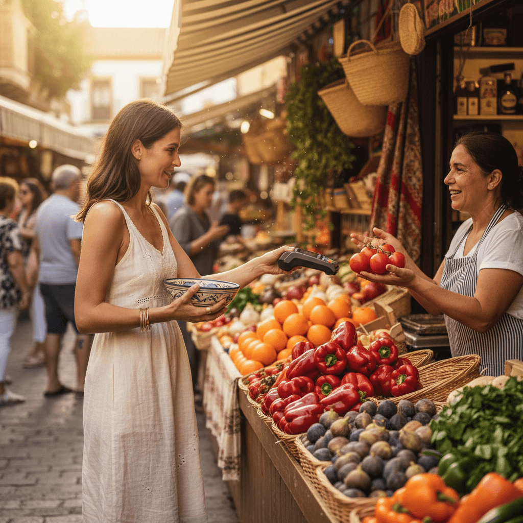 Frau bezahlt mit Trade Republic Karte auf einem Markt im Ausland ohne Fremdwährungsgebühren