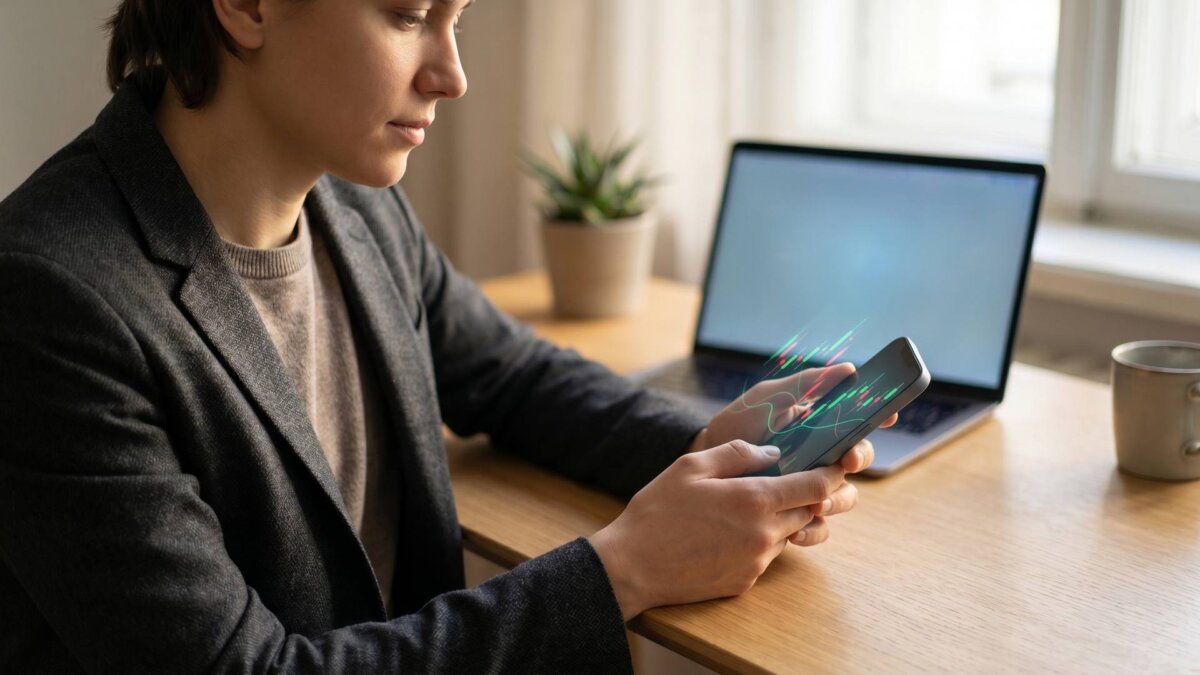 Person prüft Aktien- und ETF-Kurse in einer Neobroker-App auf dem Smartphone, Laptop im Hintergrund