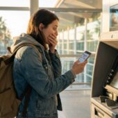 Studentin am Geldautomaten in Barcelona, schockiert über die Gebühren