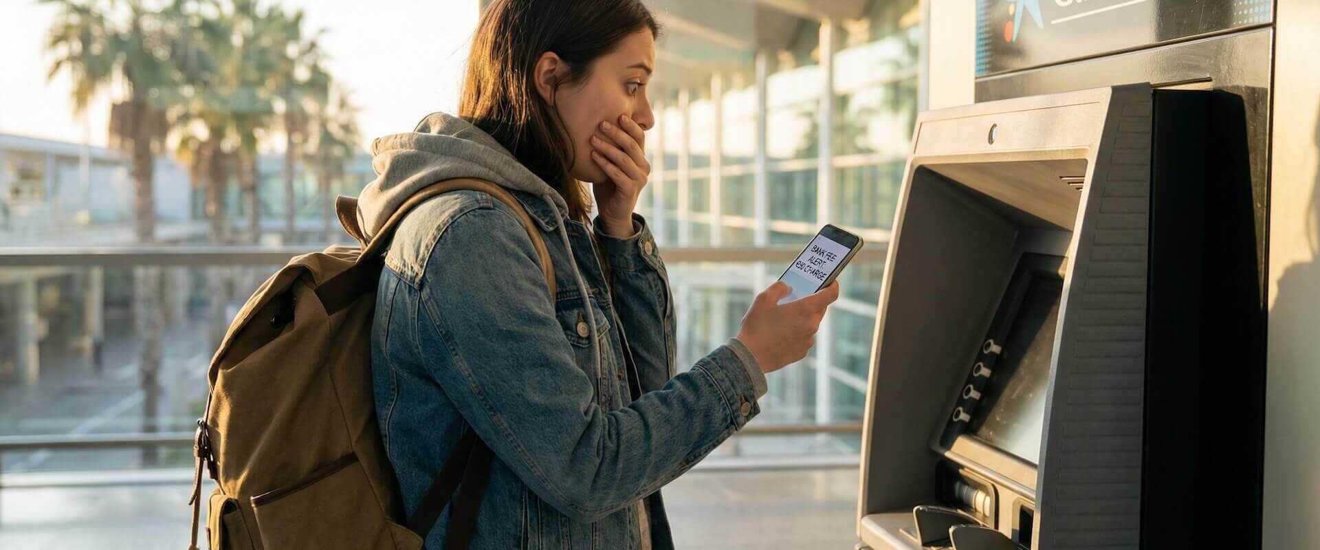 Studentin am Geldautomaten in Barcelona, schockiert über die Gebühren