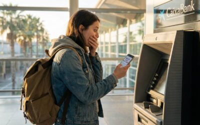 Studentin am Geldautomaten in Barcelona, schockiert über die Gebühren