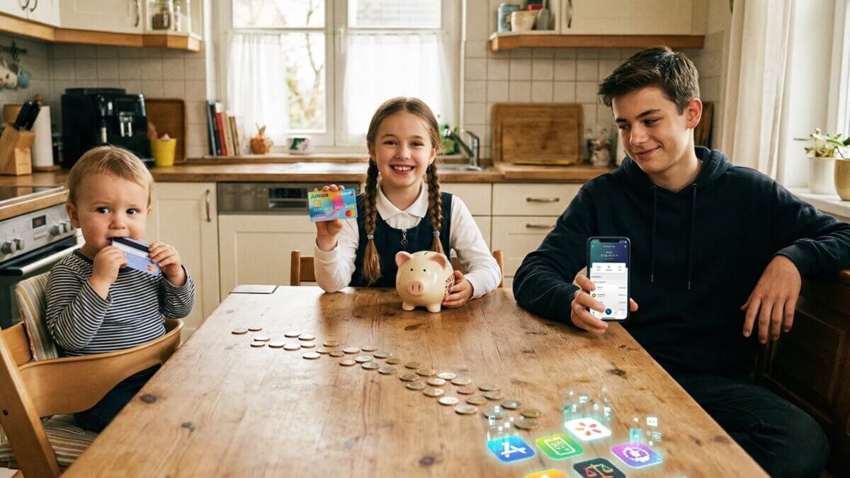 Drei Kinder verschiedenen Alters am Küchentisch: Kleinkind kaut auf Bankkarte, Grundschülerin zeigt Junior-Karte, Teenager nutzt Banking-App