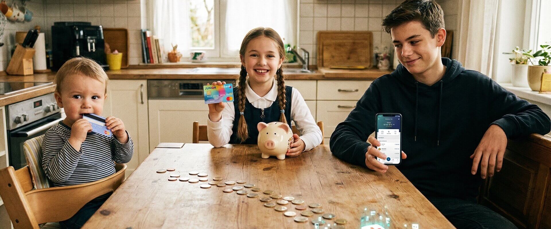 Drei Kinder verschiedenen Alters am Küchentisch: Kleinkind kaut auf Bankkarte, Grundschülerin zeigt Junior-Karte, Teenager nutzt Banking-App