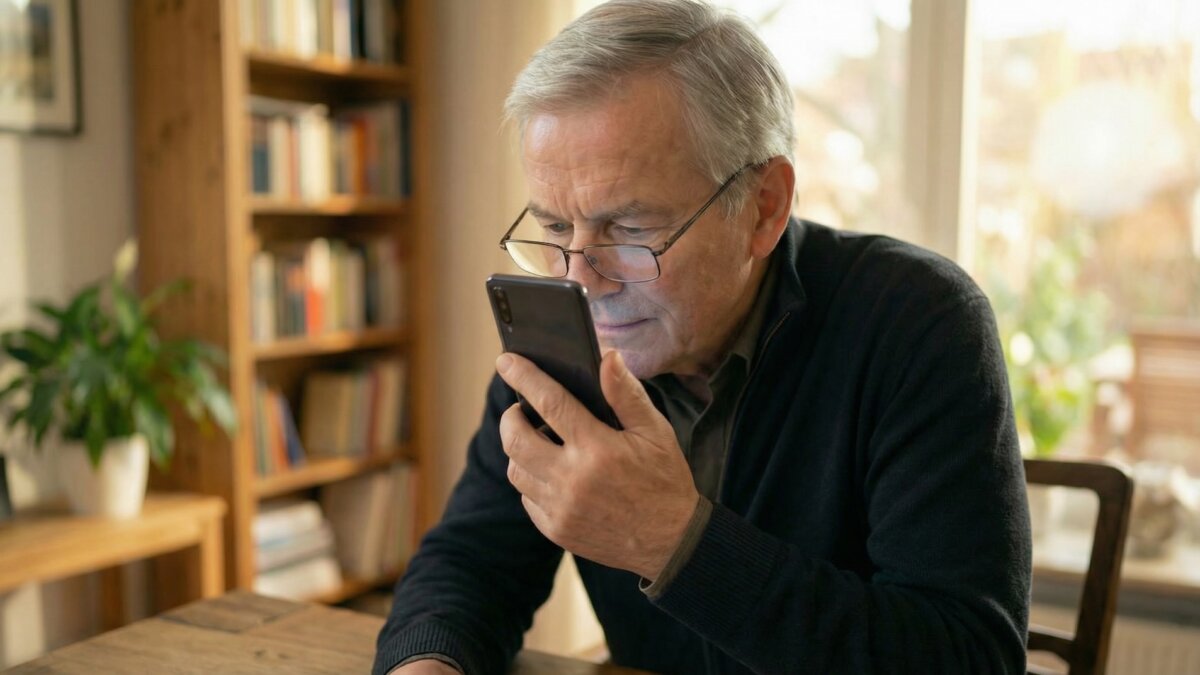 Älterer Mann mit Lesebrille hält Smartphone nah vor die Augen und schaut konzentriert auf das Display, warmes Wohnzimmerlicht