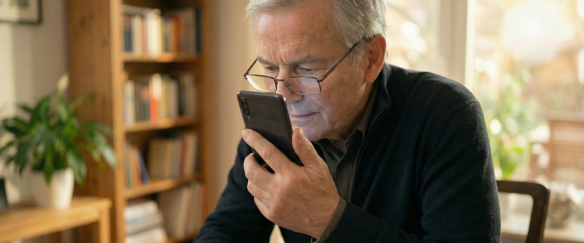 Älterer Mann mit Lesebrille hält Smartphone nah vor die Augen und schaut konzentriert auf das Display, warmes Wohnzimmerlicht