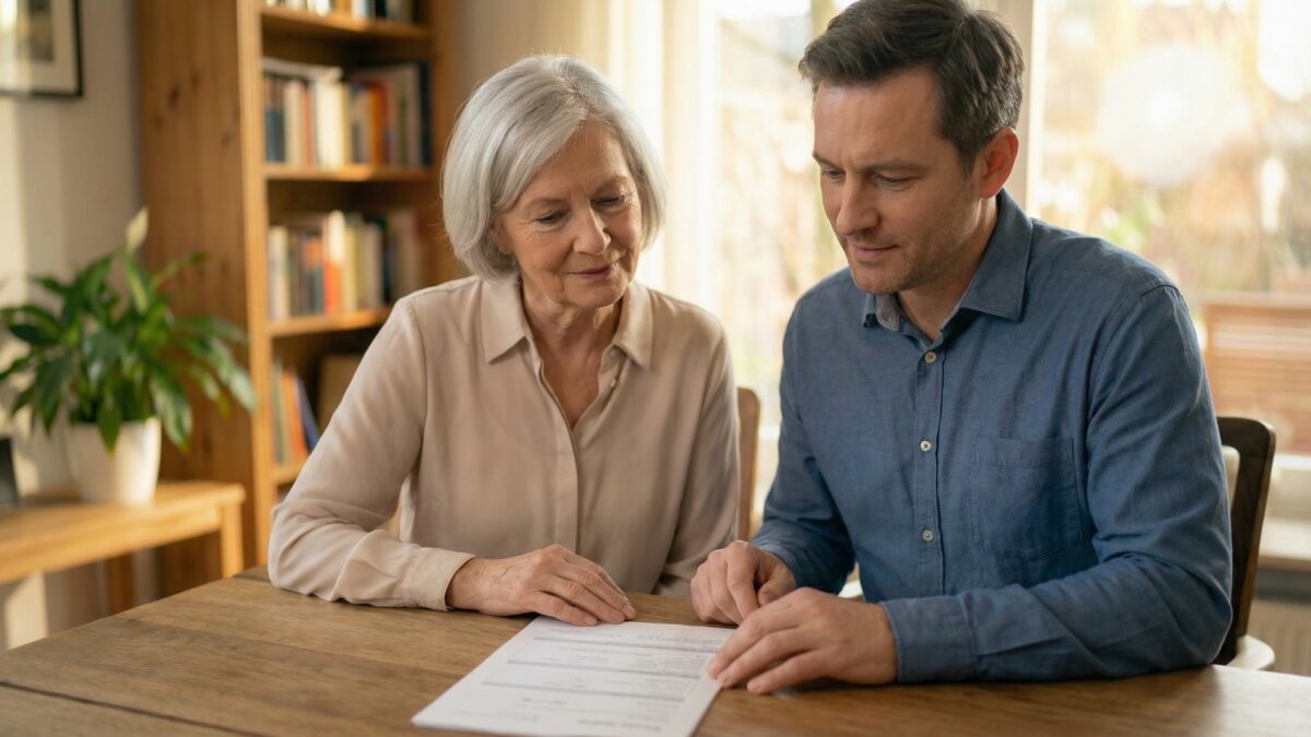Ältere Frau und ihr erwachsener Sohn sitzen am Wohnzimmertisch und besprechen ruhig ein Dokument, warme und würdevolle Atmosphäre