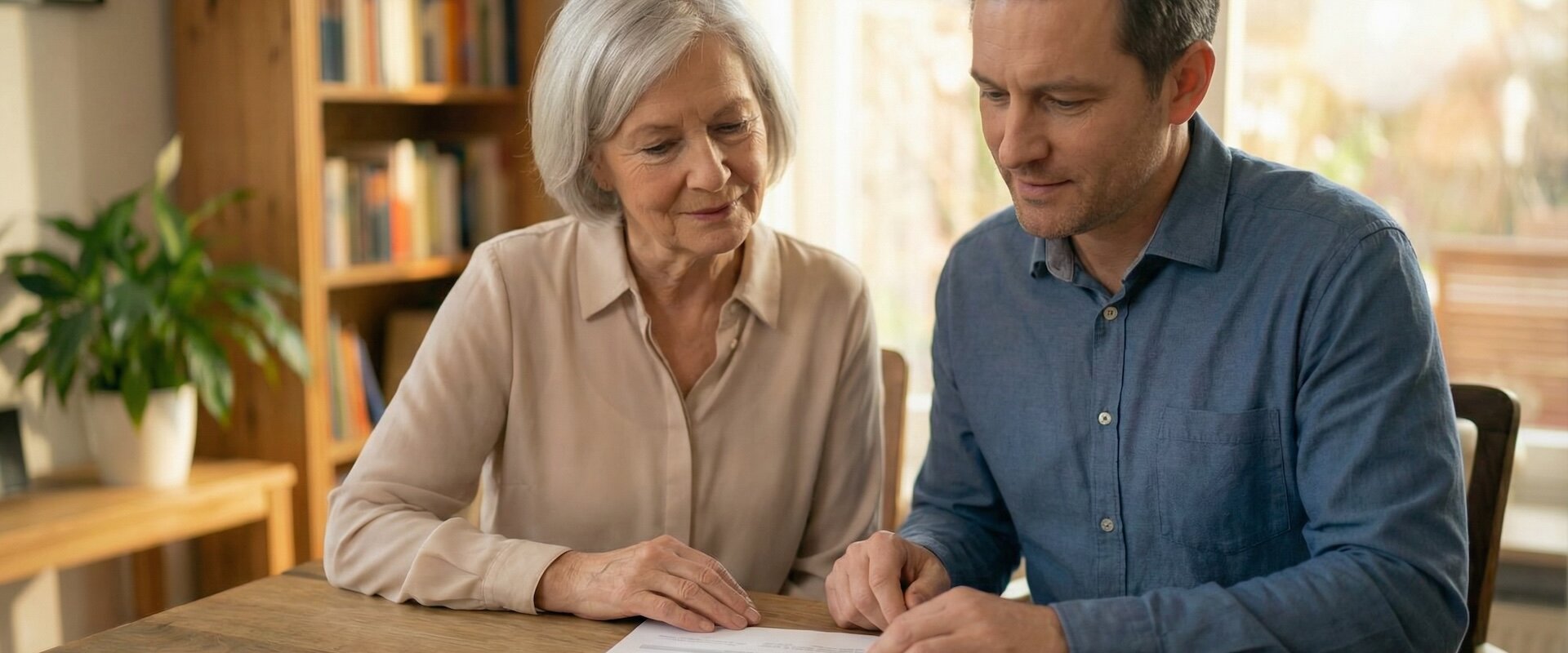 Ältere Frau und ihr erwachsener Sohn sitzen am Wohnzimmertisch und besprechen ruhig ein Dokument, warme und würdevolle Atmosphäre