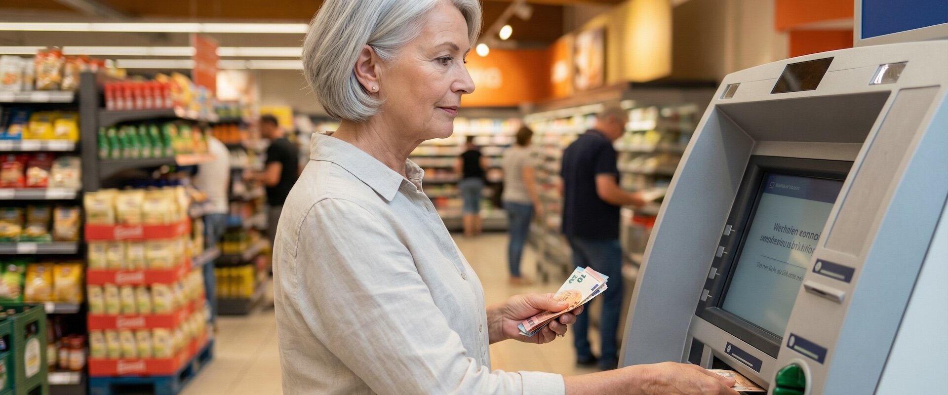 Ältere Frau hebt selbstsicher Bargeld an einem Geldautomaten im Supermarkt ab, entspannte Körpersprache, helles Licht