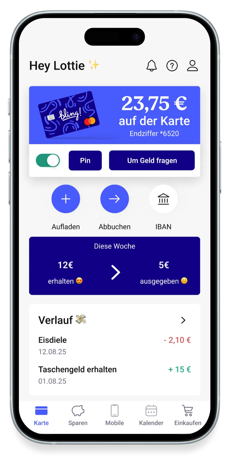 Bling App Kinderansicht mit Kontostand, Sparbaum und Transaktionsverlauf