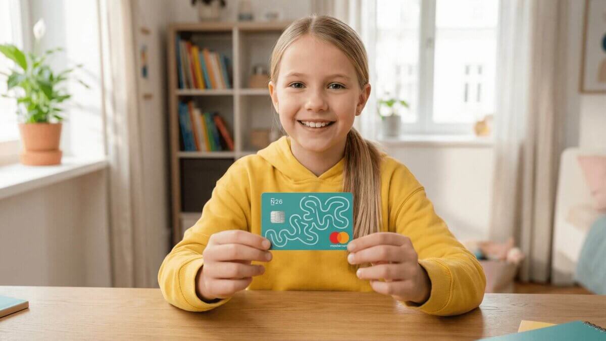 Ein blondes Mädchen mit gelbem Hoodie hält stolz die N26-Karte in einem hellen, modernen Kinderzimmer mit Bücherregal und Pflanzen im Hintergrund