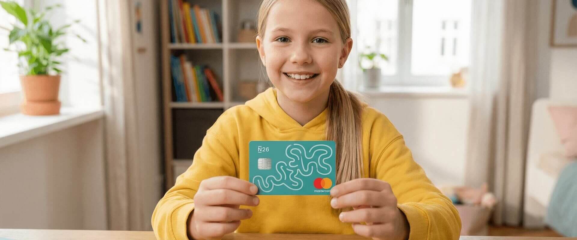 Ein blondes Mädchen mit gelbem Hoodie hält stolz die N26-Karte in einem hellen, modernen Kinderzimmer mit Bücherregal und Pflanzen im Hintergrund