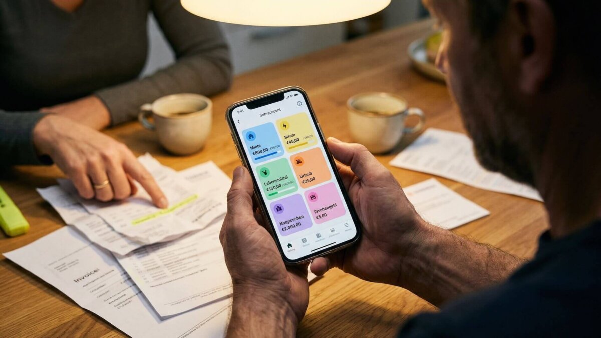 Mann hält Smartphone mit bunten Sub-Konto-Kacheln einer Banking-App, Partnerin zeigt auf Rechnungen im Hintergrund