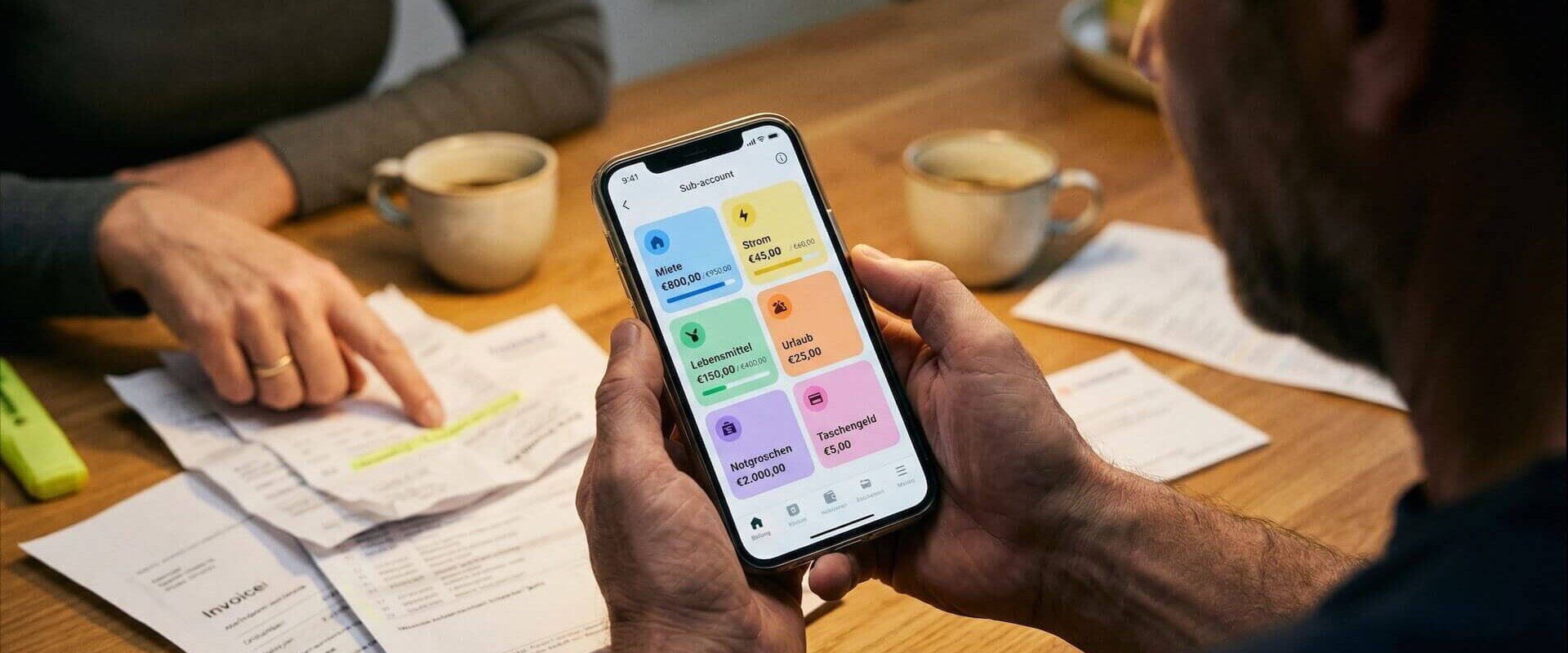 Mann hält Smartphone mit bunten Sub-Konto-Kacheln einer Banking-App, Partnerin zeigt auf Rechnungen im Hintergrund