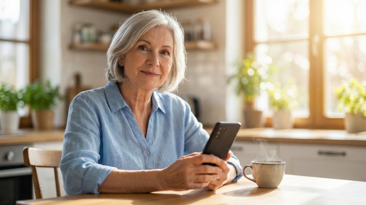 Ältere Frau sitzt selbstsicher am Küchentisch, hält Smartphone in beiden Händen und schaut ruhig in die Kamera, Kaffeetasse im Vordergrund