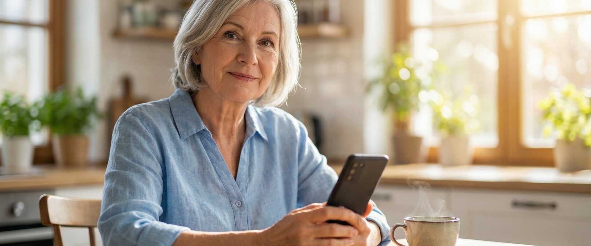 Ältere Frau sitzt selbstsicher am Küchentisch, hält Smartphone in beiden Händen und schaut ruhig in die Kamera, Kaffeetasse im Vordergrund