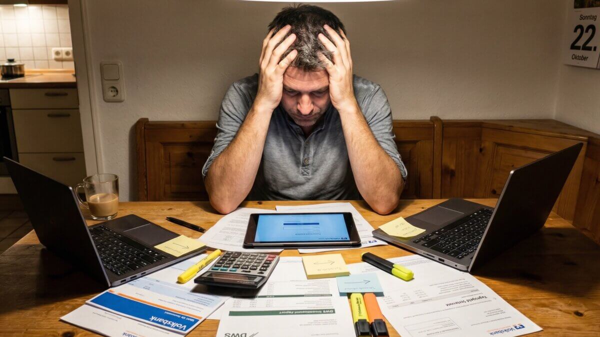IT-Berater sitzt verzweifelt am Küchentisch über einem Chaos aus Volksbank-Kontoauszügen, DWS-Depotberichten und drei verschiedenen Banking-Logins