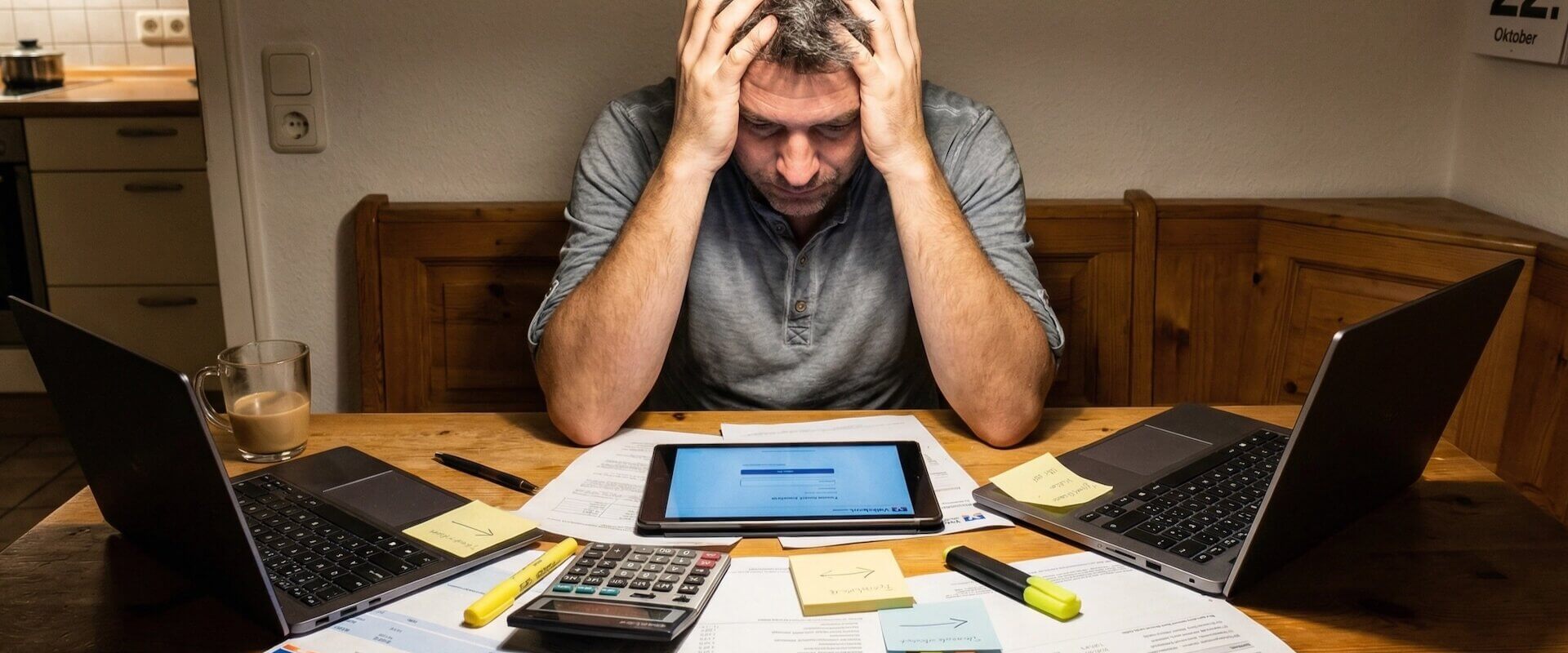 IT-Berater sitzt verzweifelt am Küchentisch über einem Chaos aus Volksbank-Kontoauszügen, DWS-Depotberichten und drei verschiedenen Banking-Logins