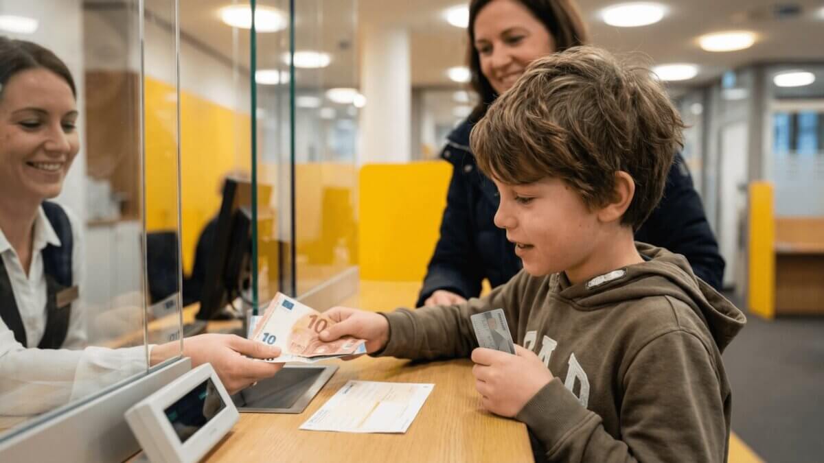 Junge zahlt Bargeld am Bankschalter mit seiner Girocard ein, Mutter steht ermutigend dahinter