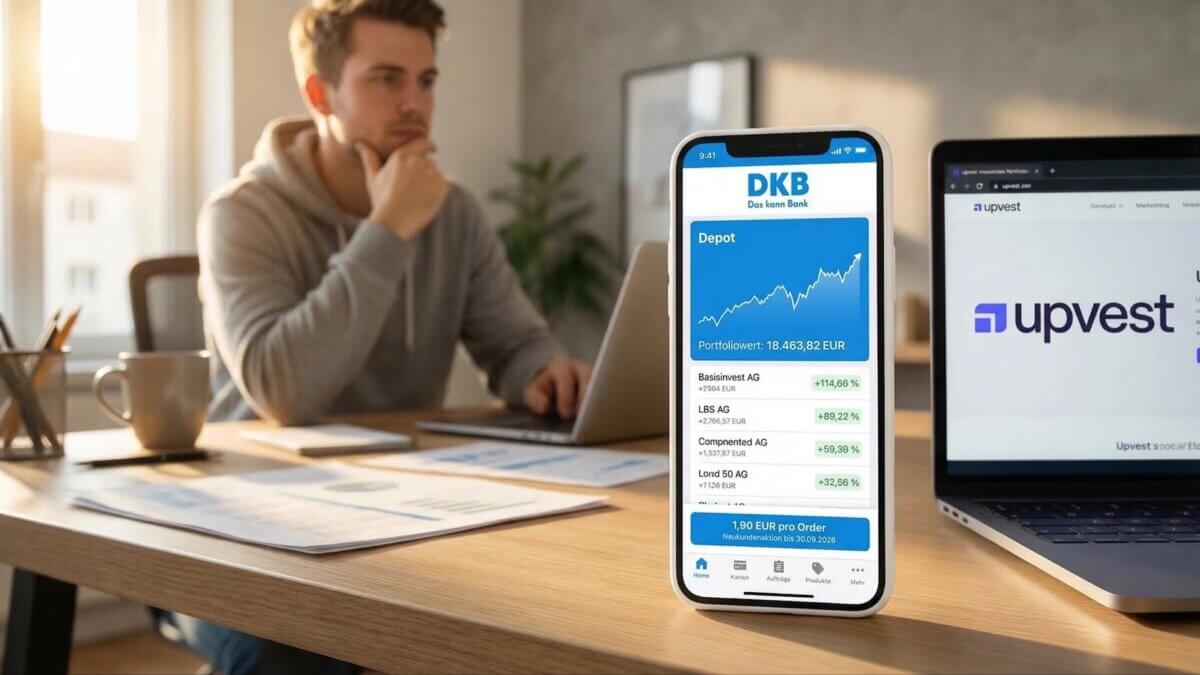 Nachdenklicher junger Mann am Schreibtisch mit DKB-App auf Smartphone, die Depot mit 18.463 Euro Portfoliowert und 1,90 Euro Neukundenaktion zeigt, daneben Laptop mit Upvest-Website