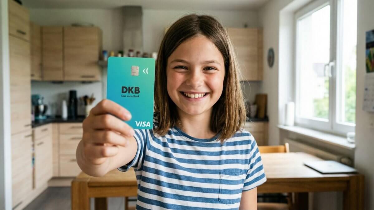 Mädchen hält die DKB Visa Debitkarte des u18-Kontos stolz in die Kamera, helle Küche im Hintergrund
