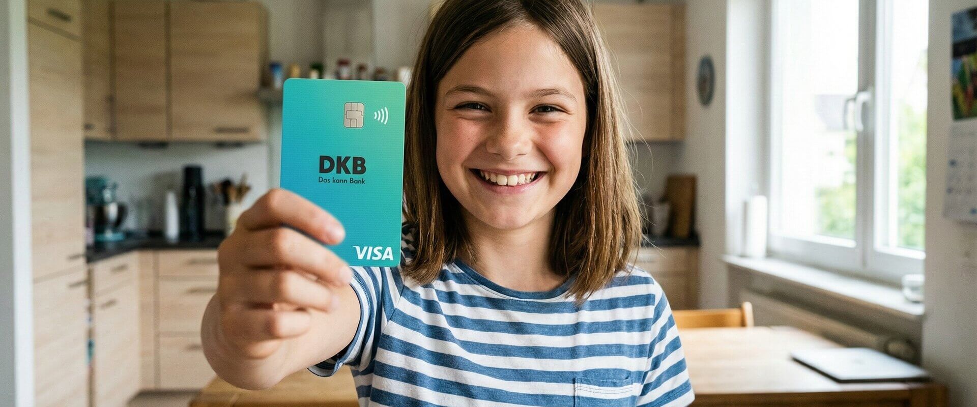 Mädchen hält die DKB Visa Debitkarte des u18-Kontos stolz in die Kamera, helle Küche im Hintergrund