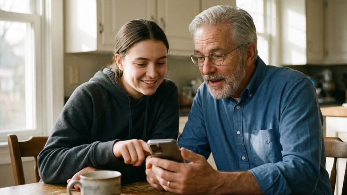 Enkelin zeigt ihrem Großvater die Banking-App auf dem Smartphone am Küchentisch