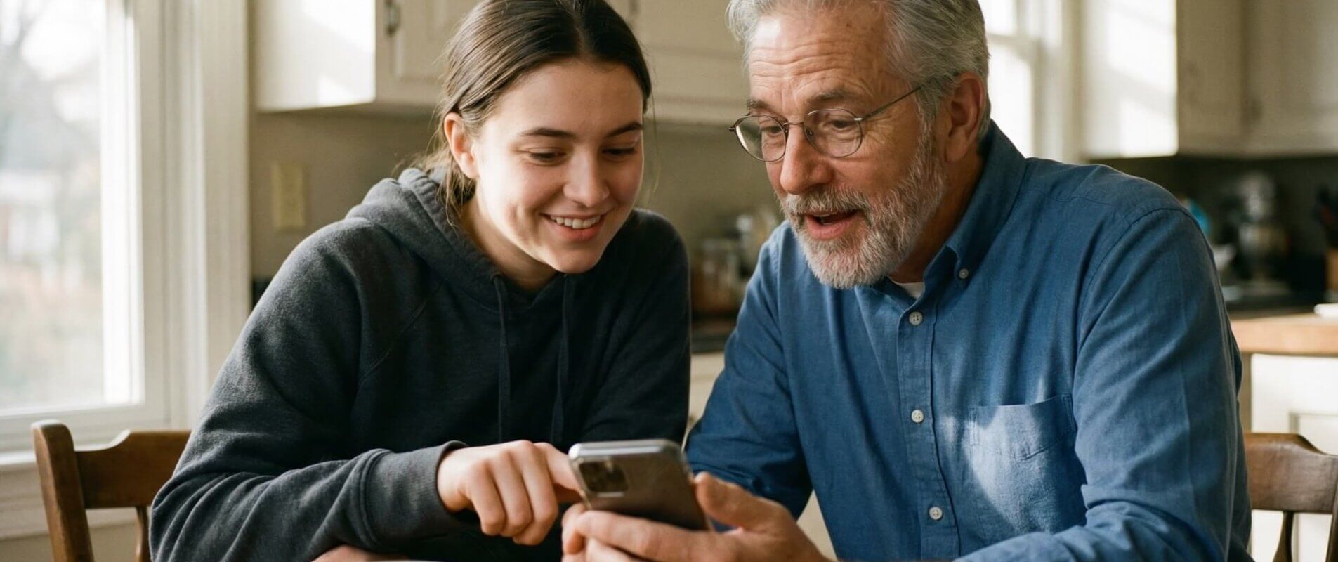Enkelin zeigt ihrem Großvater die Banking-App auf dem Smartphone am Küchentisch