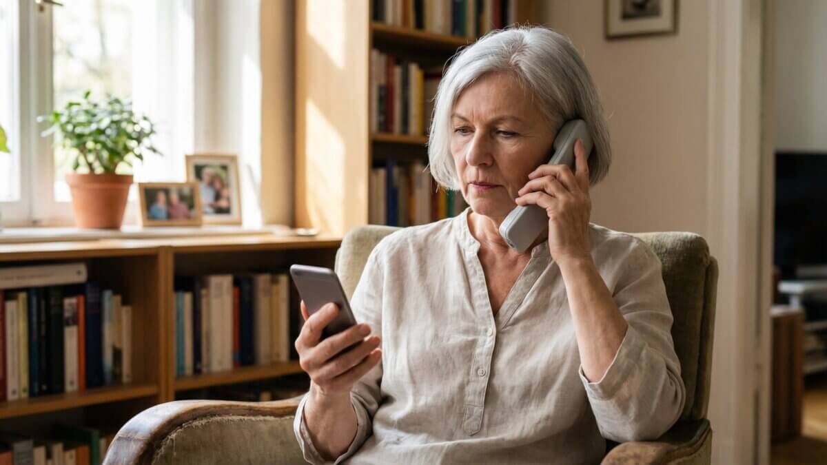 Ältere Frau telefoniert skeptisch am Festnetz und prüft gleichzeitig ihr Smartphone, Familienfotos im Hintergrund, wachsame Körpersprache