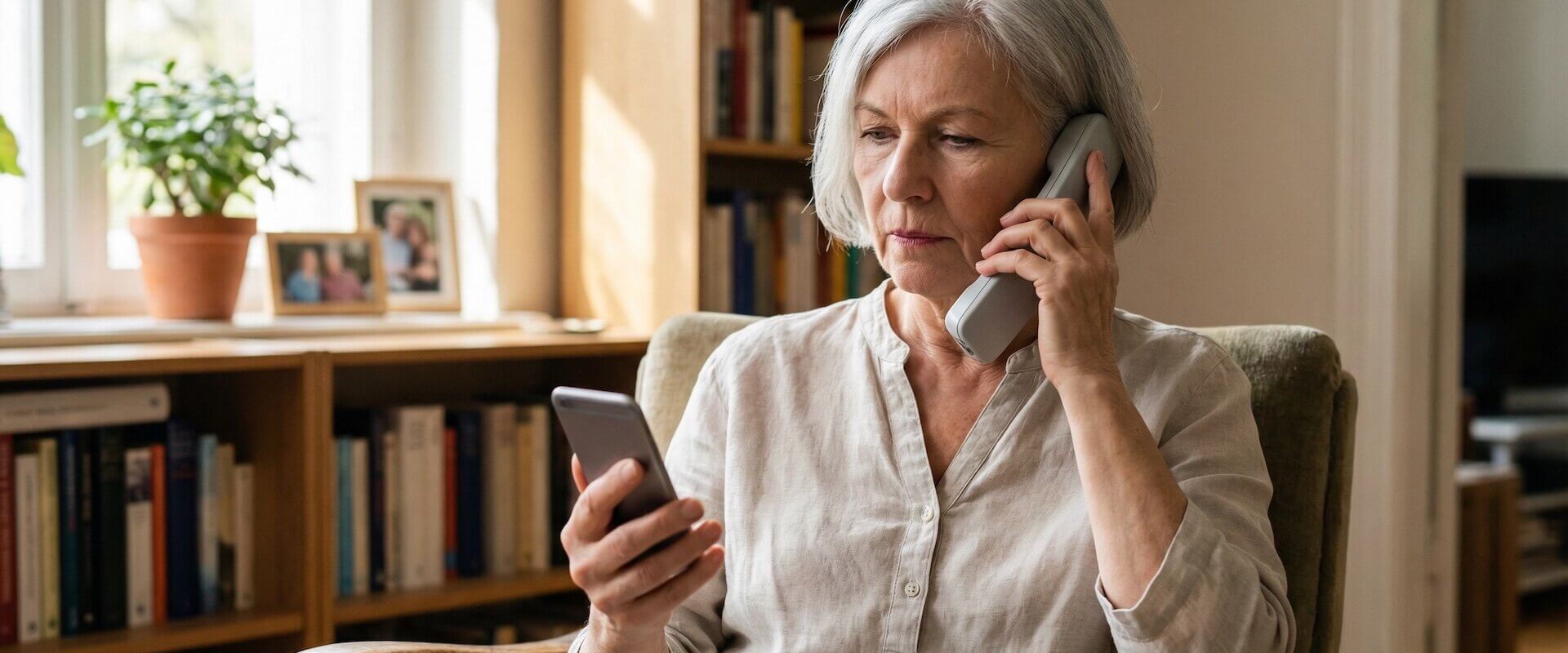 Ältere Frau telefoniert skeptisch am Festnetz und prüft gleichzeitig ihr Smartphone, Familienfotos im Hintergrund, wachsame Körpersprache