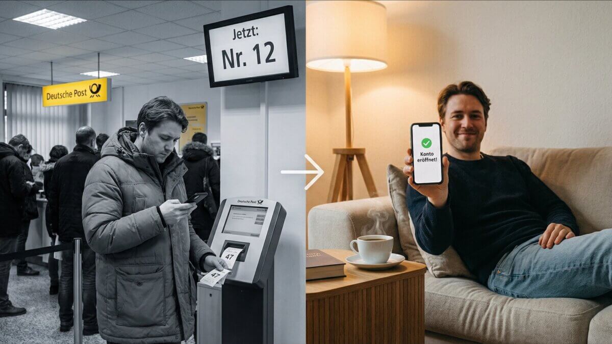 Mann steht in der Schlange bei der Deutschen Post, zieht Nummer 47, Display zeigt „Jetzt: Nr. 12". Fluoreszierendes Licht, Winterjacke, genervter Blick aufs Handy. Bürokratie-Hölle.