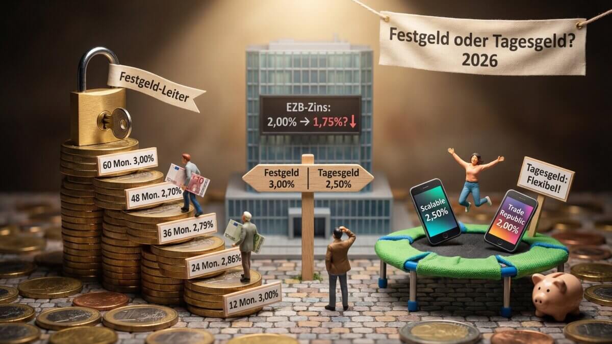 Miniatur-Diorama mit Festgeld-Leiter aus fuenf Euromuenzen-Stufen von 12 Monaten 3,00 Prozent bis 60 Monaten 3,00 Prozent mit Schloss, daneben Tagesgeld-Trampolin mit Scalable 2,50 Prozent und Trade Republic 2,00 Prozent, EZB-Gebaeude zeigt Zinssenkung auf 1,75 Prozent