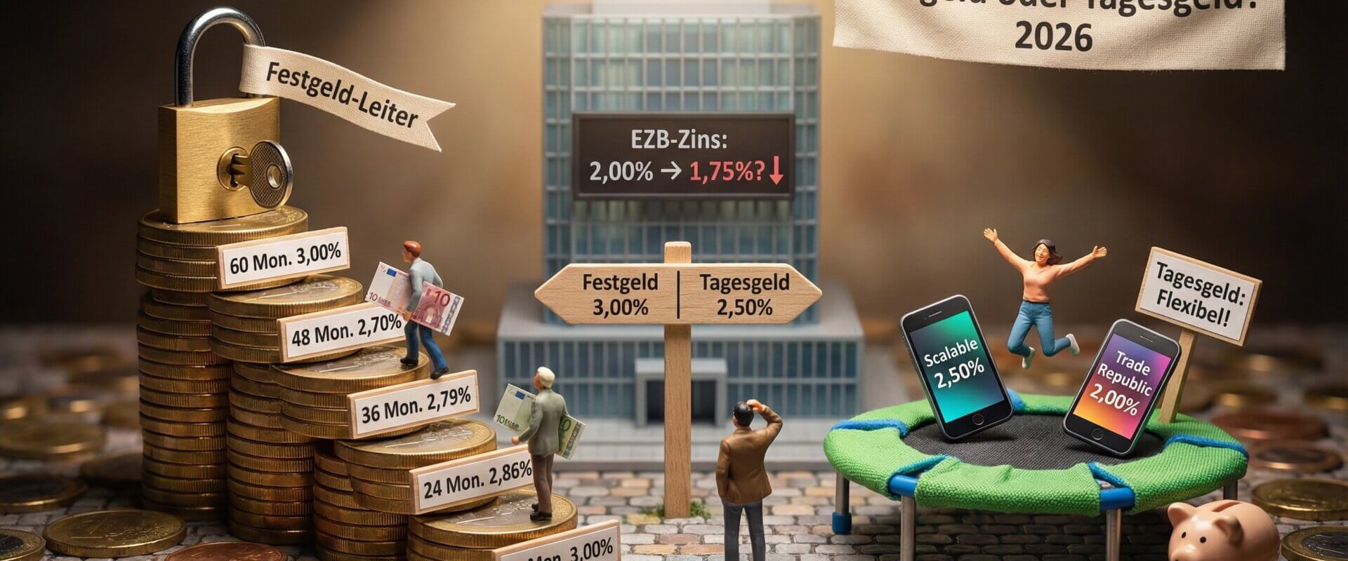 Miniatur-Diorama mit Festgeld-Leiter aus fuenf Euromuenzen-Stufen von 12 Monaten 3,00 Prozent bis 60 Monaten 3,00 Prozent mit Schloss, daneben Tagesgeld-Trampolin mit Scalable 2,50 Prozent und Trade Republic 2,00 Prozent, EZB-Gebaeude zeigt Zinssenkung auf 1,75 Prozent