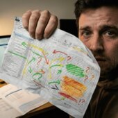 Freelancer hält verzweifelt eine ausgedruckte Excel-Tabelle mit bunten Markierungen und Fragezeichen in die Kamera