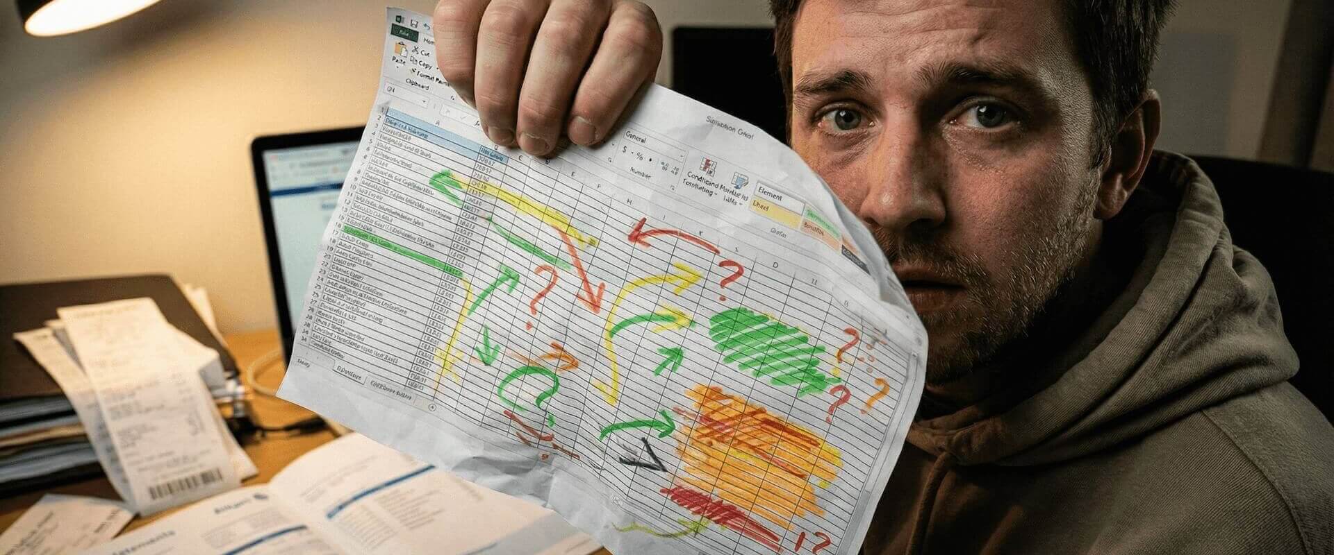 Freelancer hält verzweifelt eine ausgedruckte Excel-Tabelle mit bunten Markierungen und Fragezeichen in die Kamera